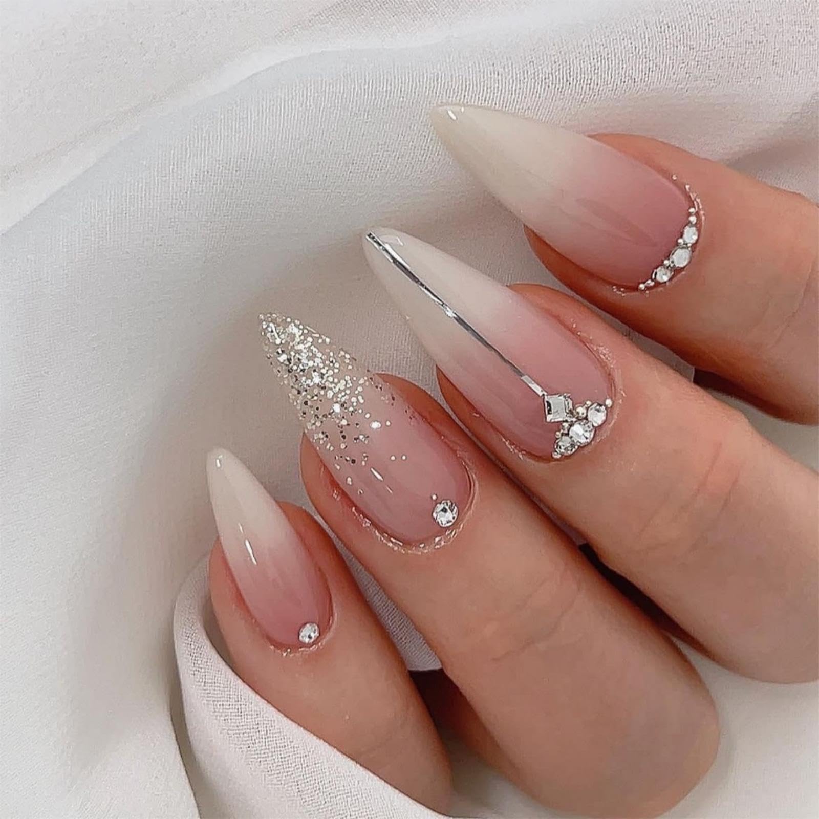NBNTGH front packaging showing silver glitter French tip nails and accessories for quick glam