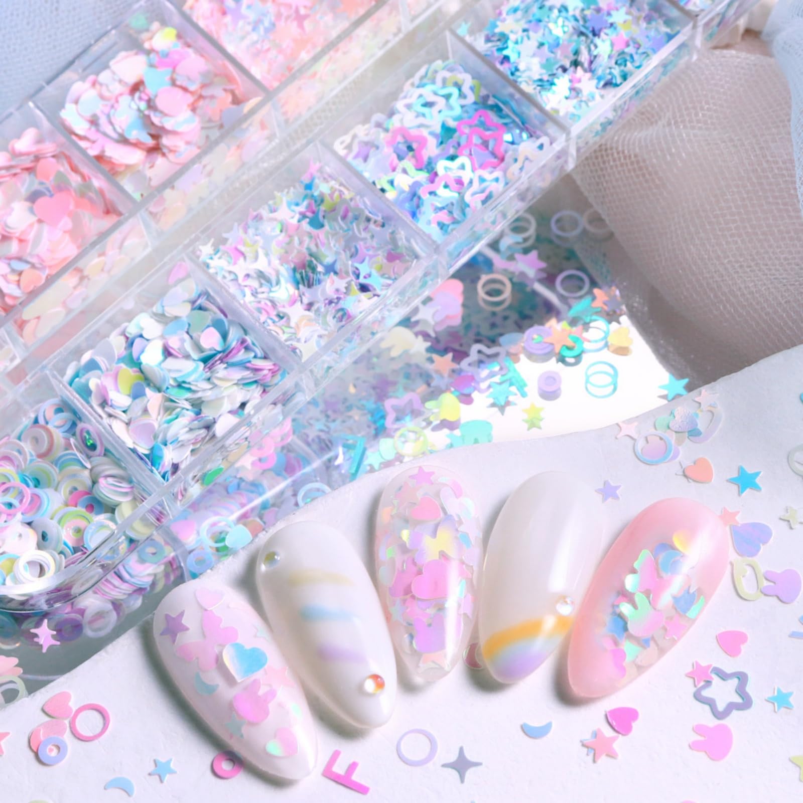 NBNTGH spread of heart and star sequins, visual guide for creative nail designs