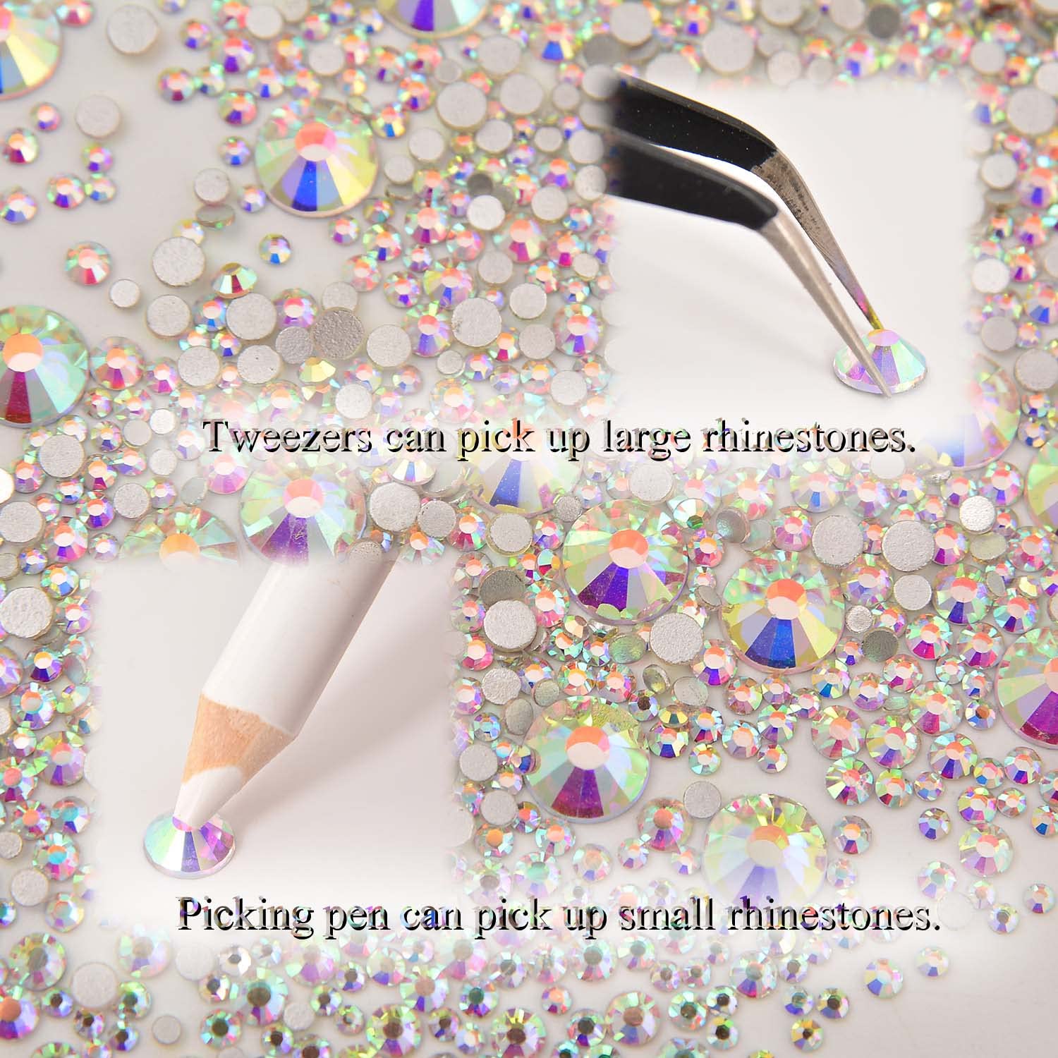 NCB tweezers and picking pen tools aiding precise rhinestone placement
