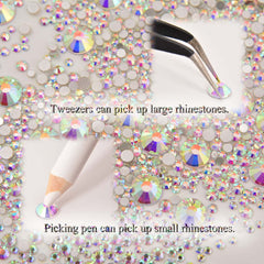 NCB tweezers and picking pen tools aiding precise rhinestone placement
