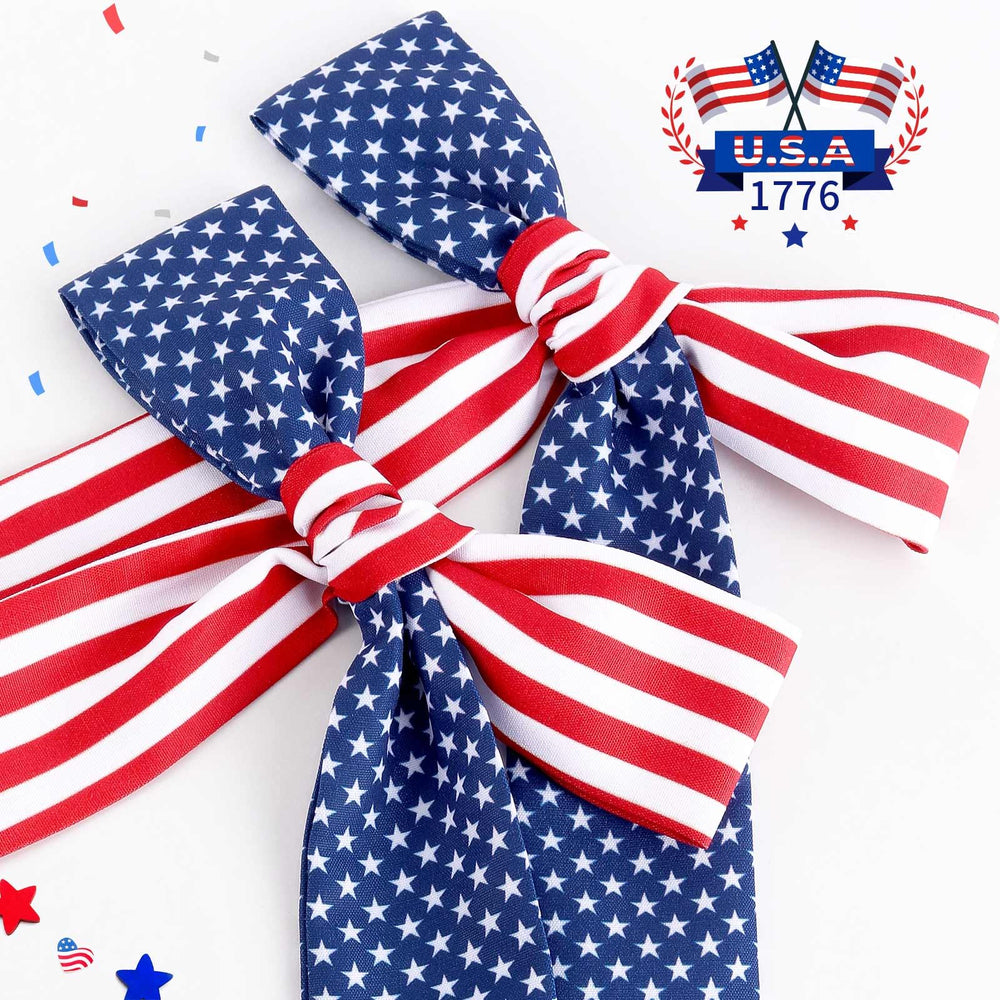 NCMAMA bow styled with patriotic outfit showing coordinated holiday appearance