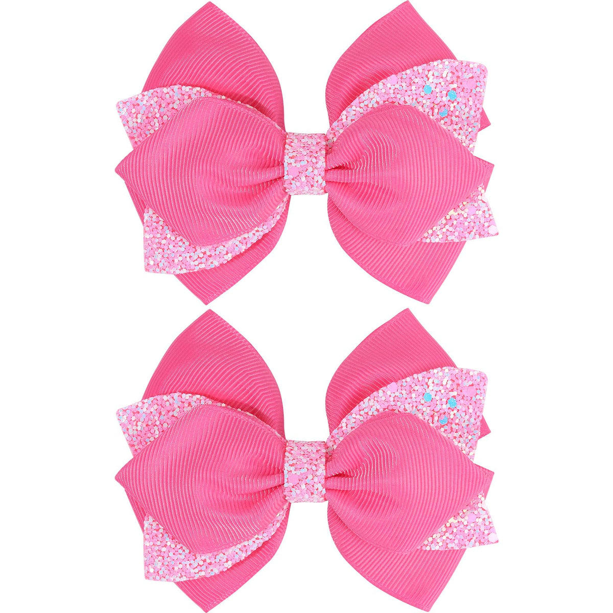 NCMAMA front view of glitter pink bow showing overall design and sparkle