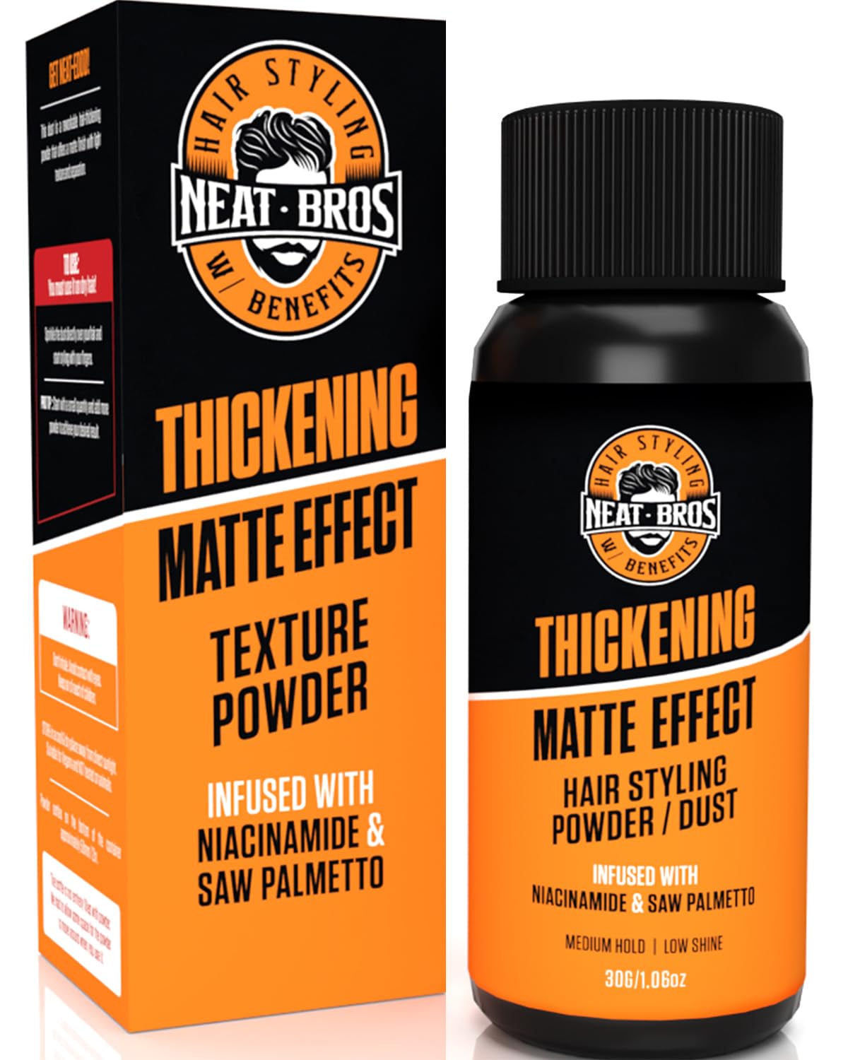 Neat Bros front packaging showing the powder bottle and branding benefits