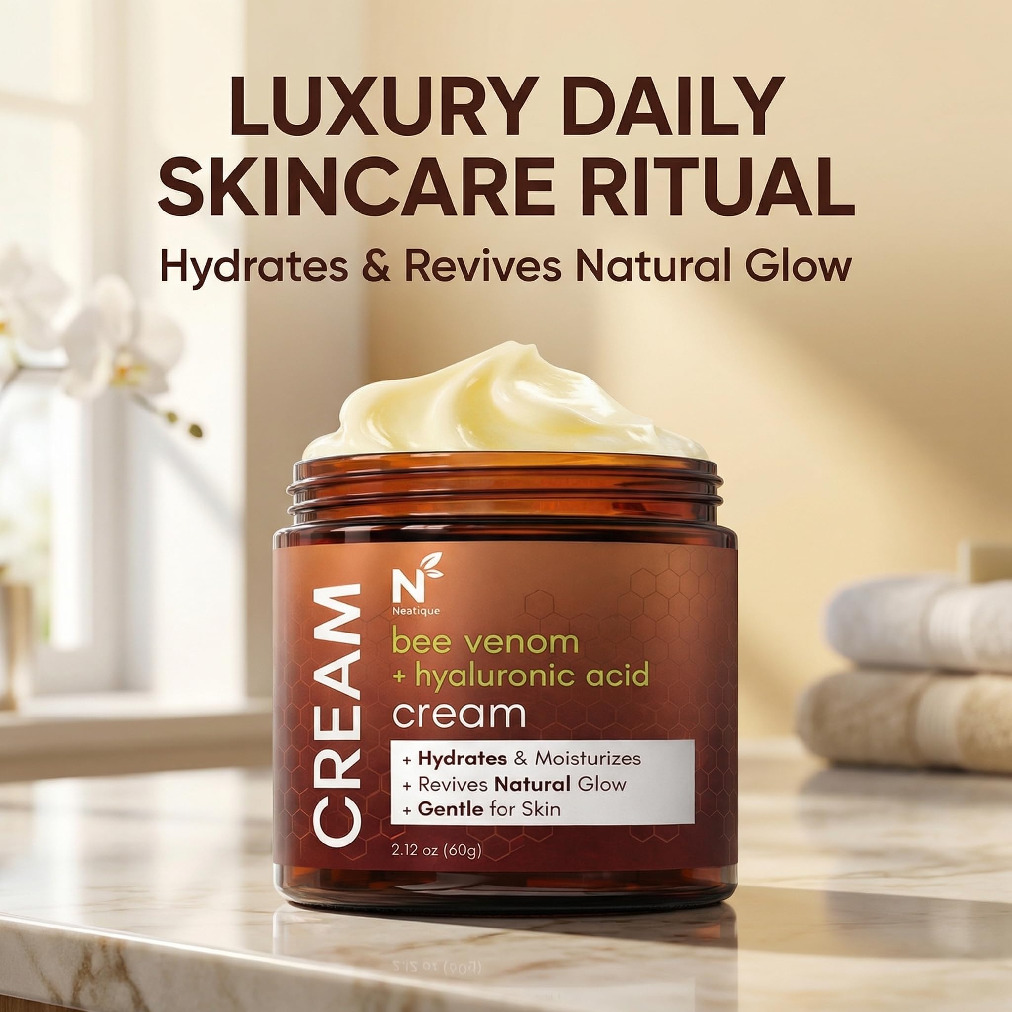 Neatique ingredient label with bee venom and hyaluronic acid highlighted benefits