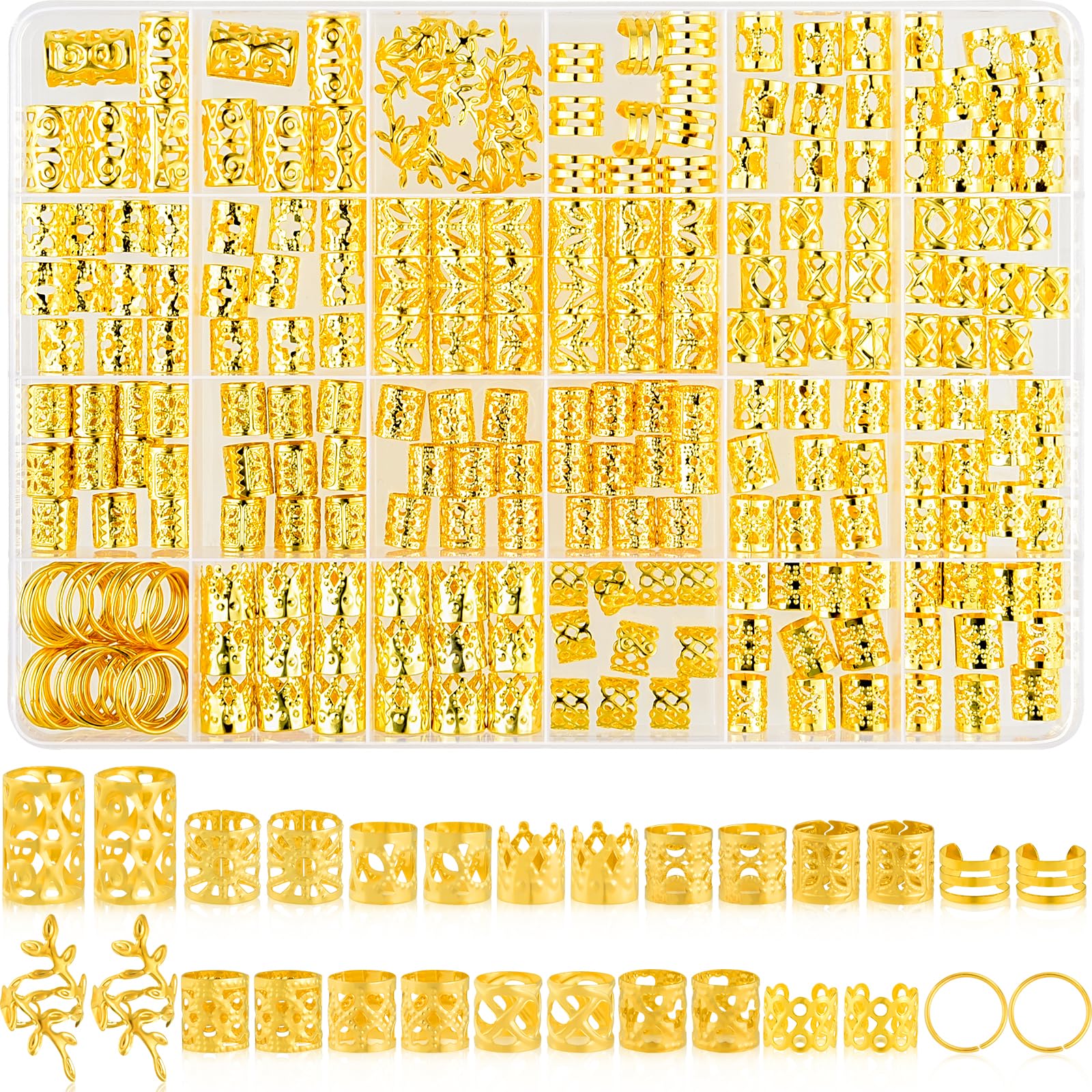 NEBURORA front packaging showing the complete 260-piece gold hair jewelry set and variety benefits