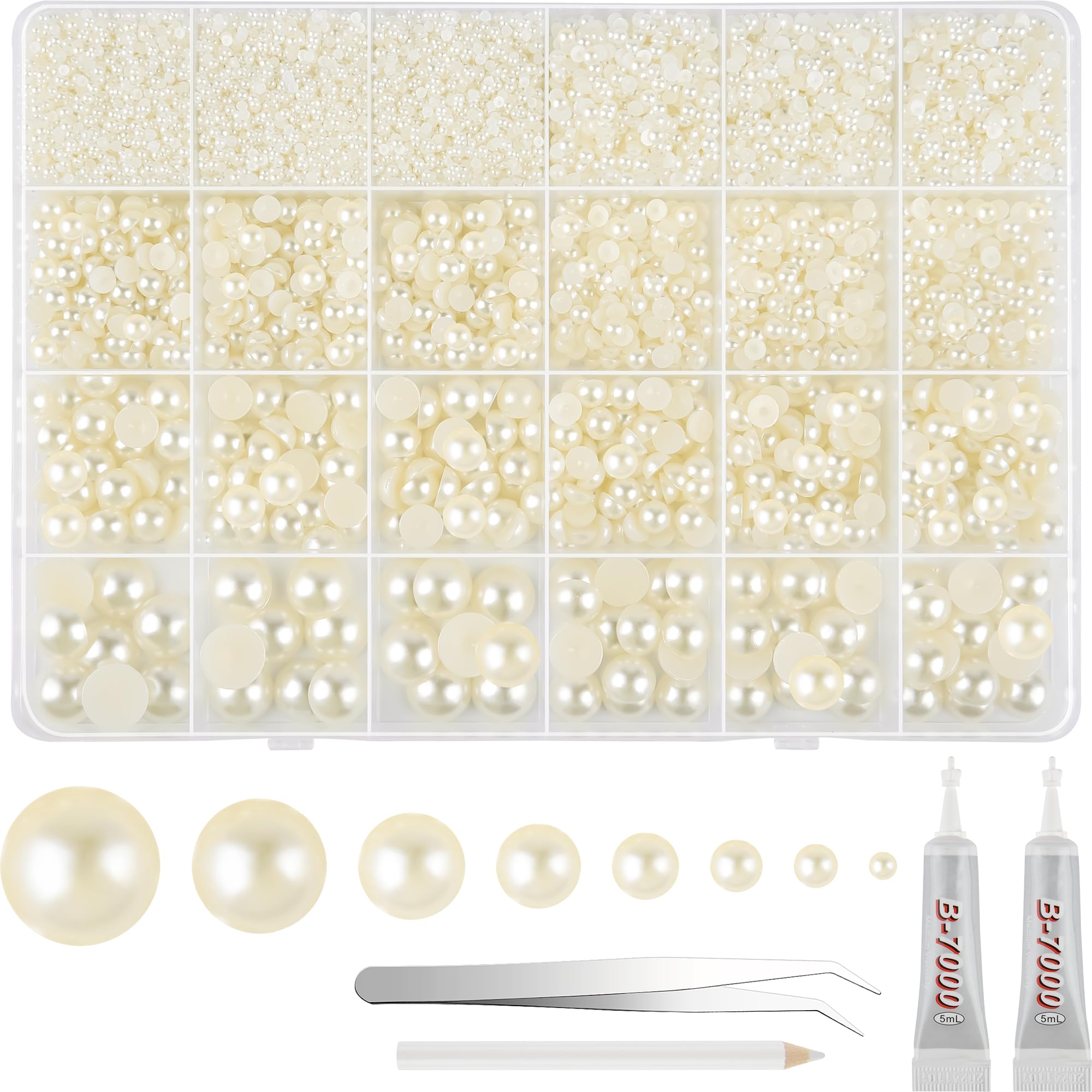 NEBURORA front packaging of ivory flat back pearls showing organized box and tools for easy crafting