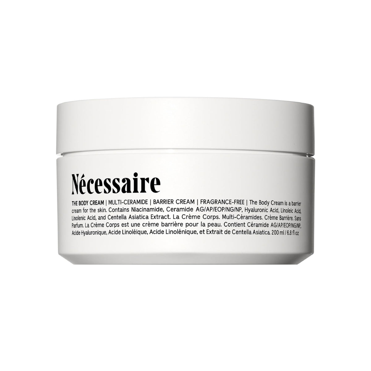 Nécessaire front view of body cream jar showing clean packaging and volume