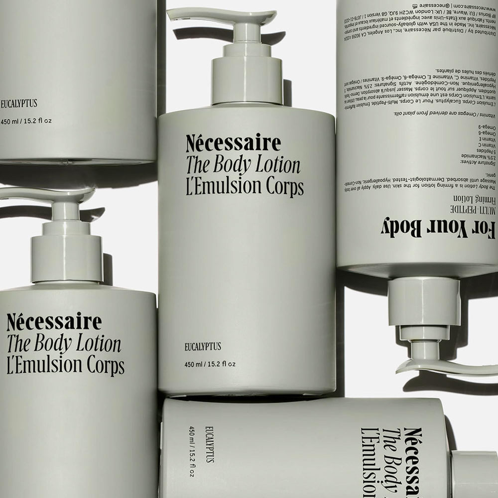 Nécessaire bottle pump and label detail highlighting ingredient transparency and use
