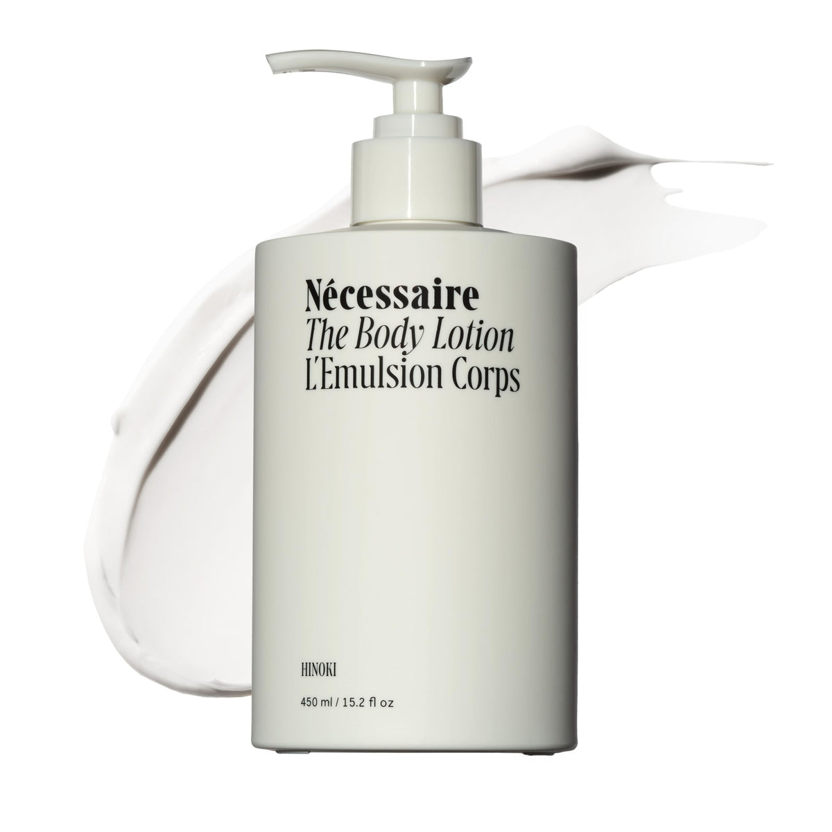 Nécessaire front bottle shot showing sleek label and hinoki scent benefit