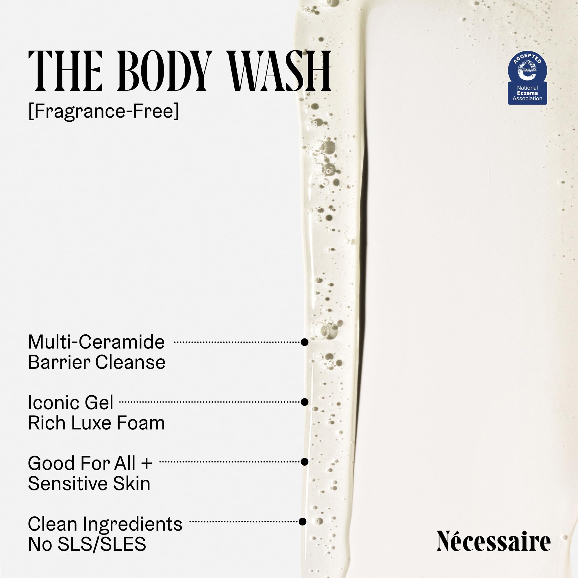 Lather from Nécessaire on a loofah illustrating mild foam and easy rinsing