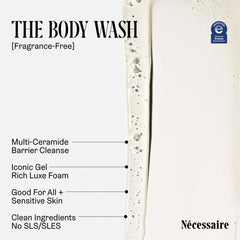 Lather from Nécessaire on a loofah illustrating mild foam and easy rinsing