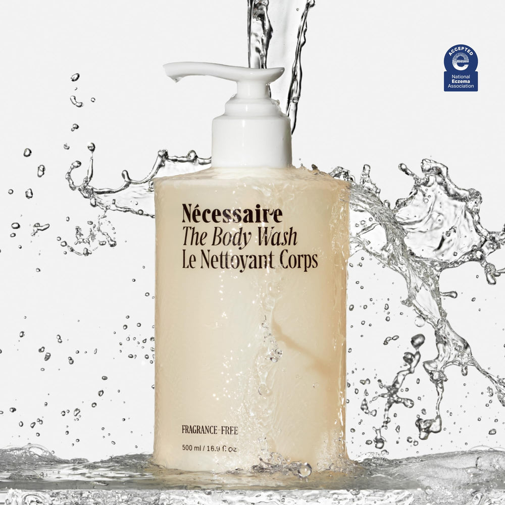 Texture of Nécessaire body wash poured on hand showing hydrating, non-drying gel