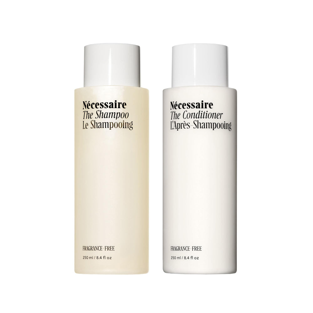 Nécessaire front packaging showing both full-size bottles and benefits