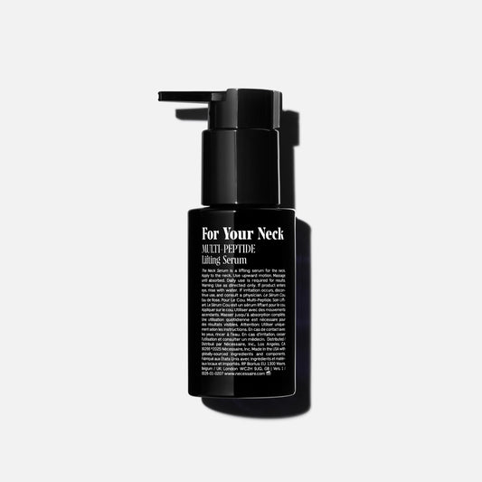 Nécessaire pump dispensing serum demonstrating easy, controlled application for neck