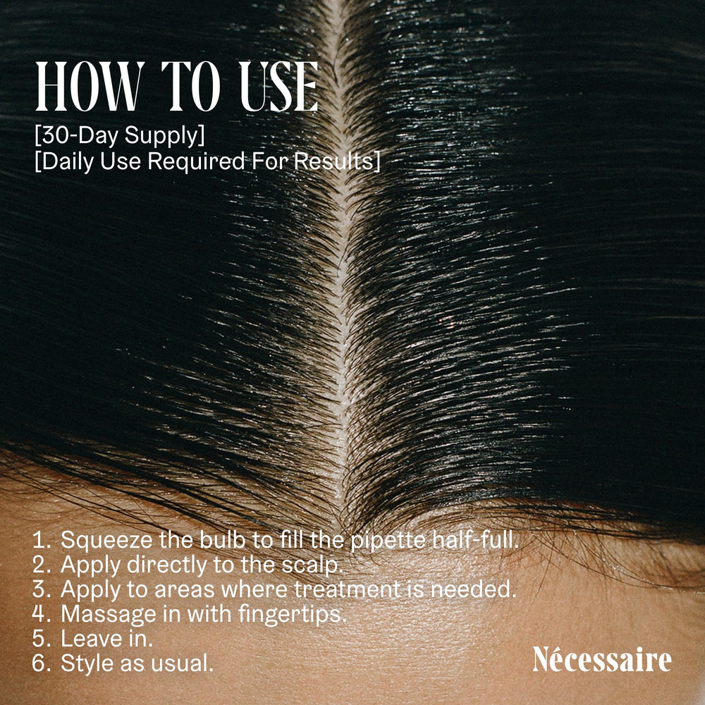 Nécessaire bottle beside a ruler showing 1 fl oz size for scale and travel-friendly benefit