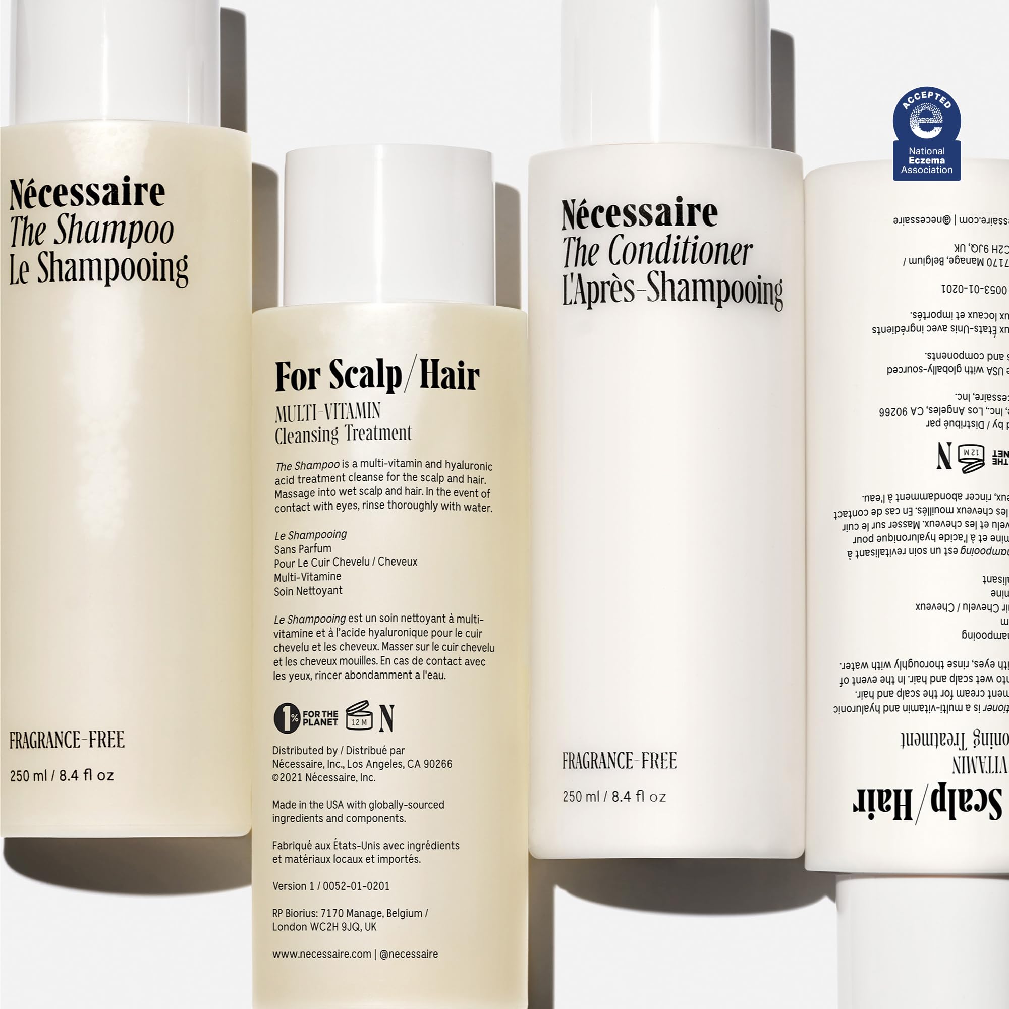 Nécessaire shampoo bottle close-up label highlighting ingredient clarity