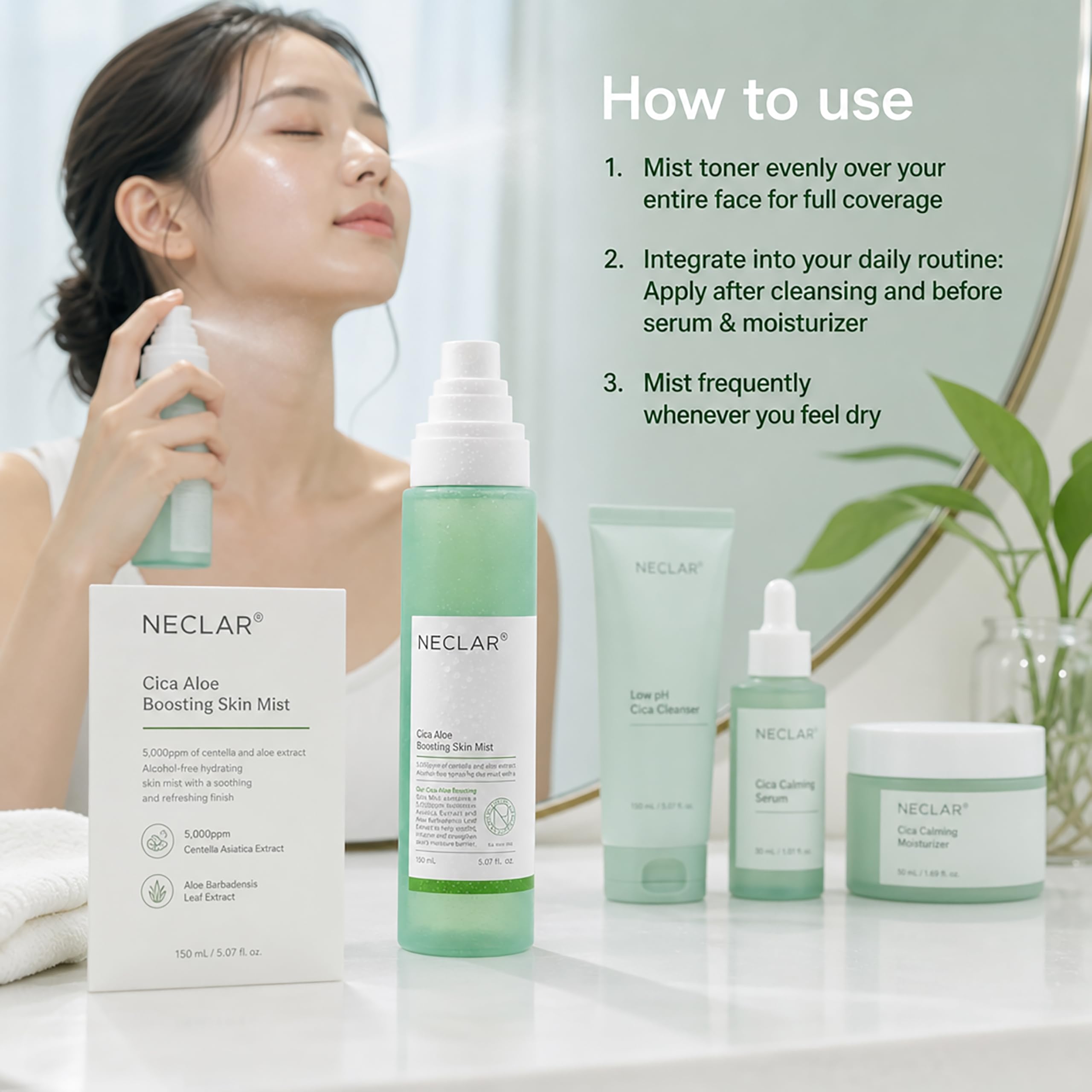 Neclar mist on nightstand representing evening routine calming and repair benefit