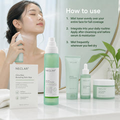 Neclar mist on nightstand representing evening routine calming and repair benefit