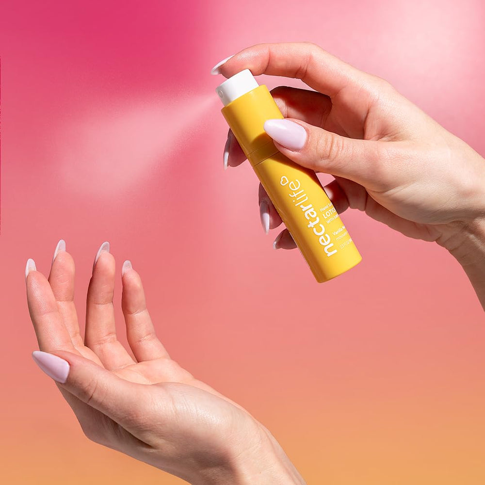 Nectar Life hand spray in action creating fine mist to hydrate hands quickly