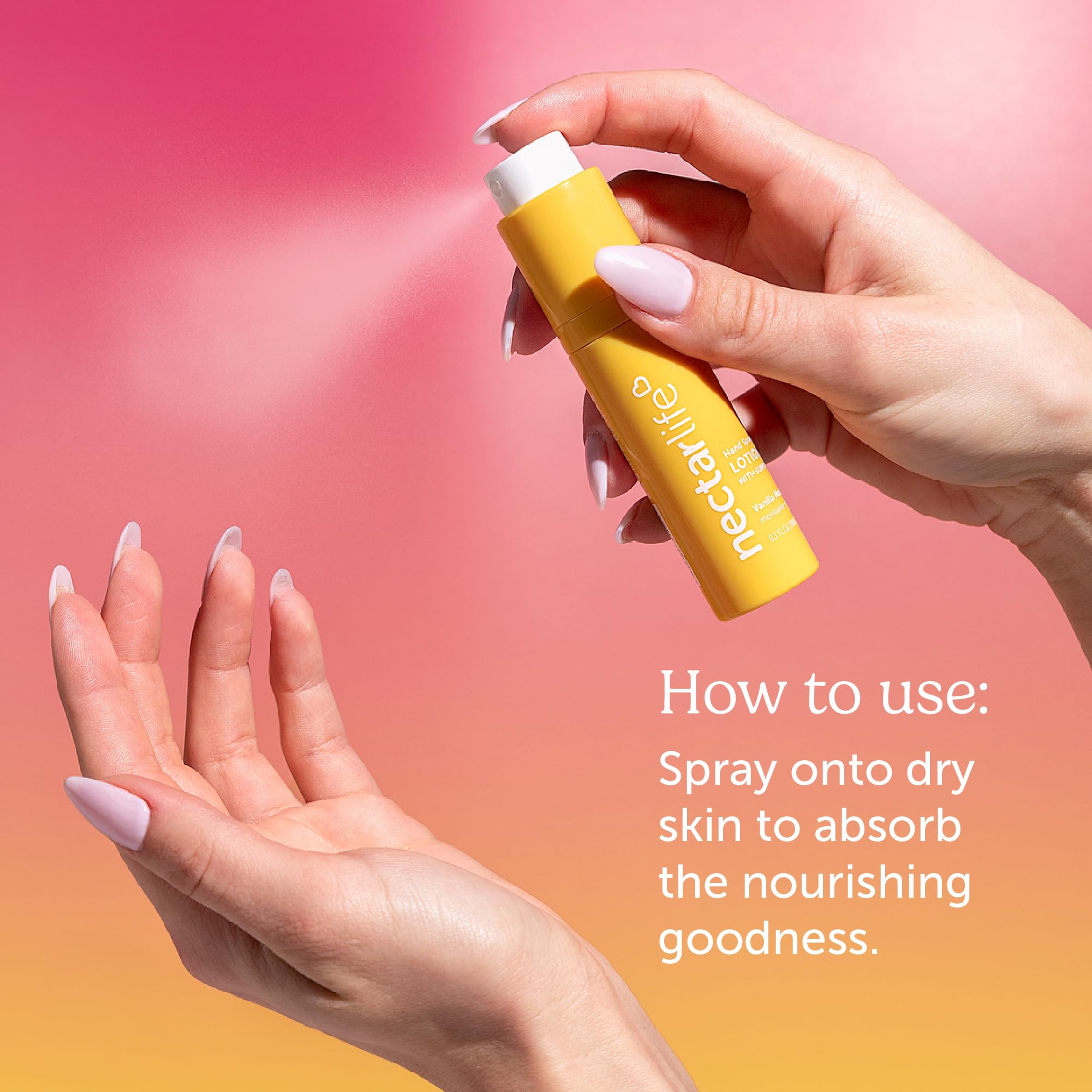 Nectar Life spraying into hand illustrating quick-refresh, non-greasy benefit