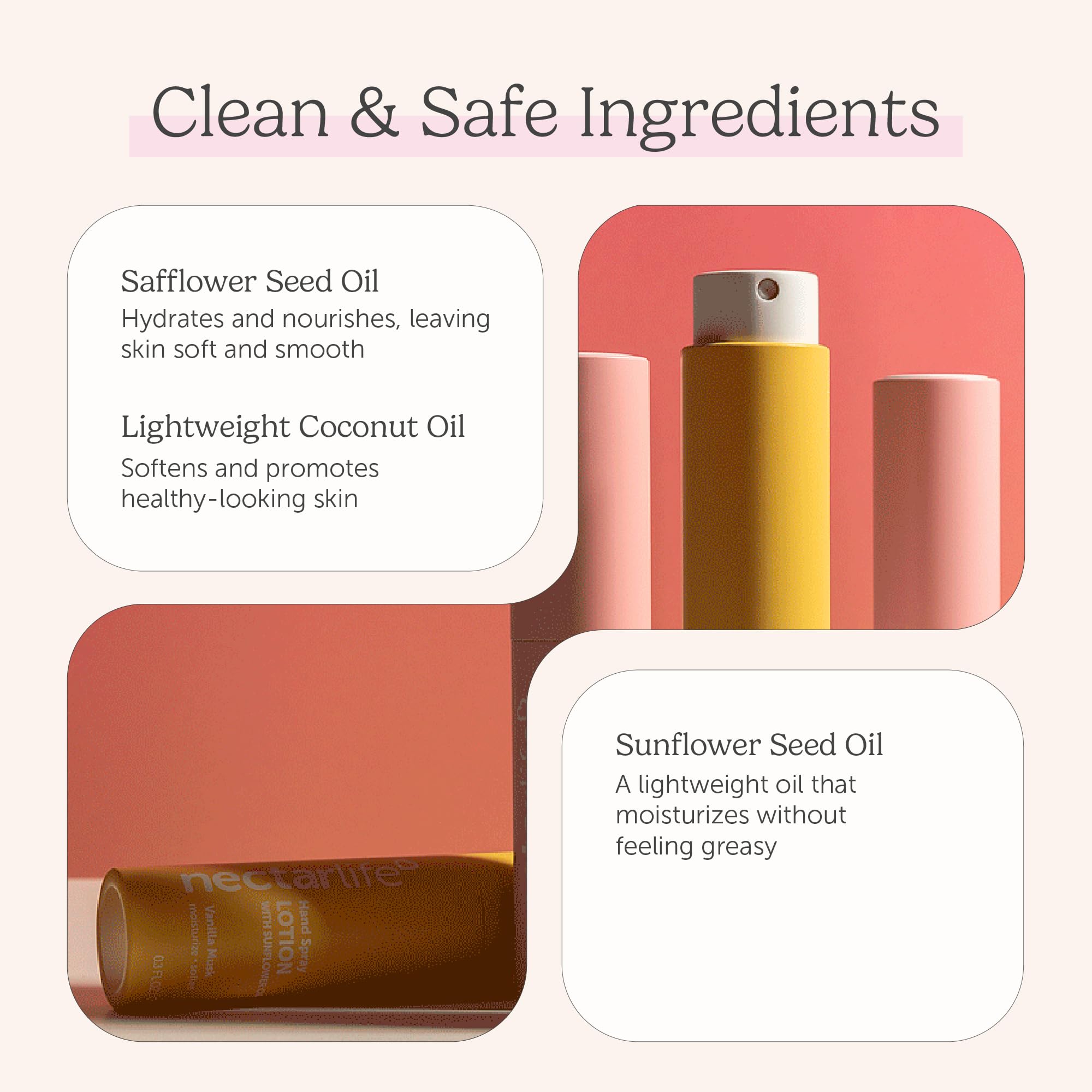 Texture close-up of mist on skin demonstrating Nectar Life fast-absorbing, non-greasy finish