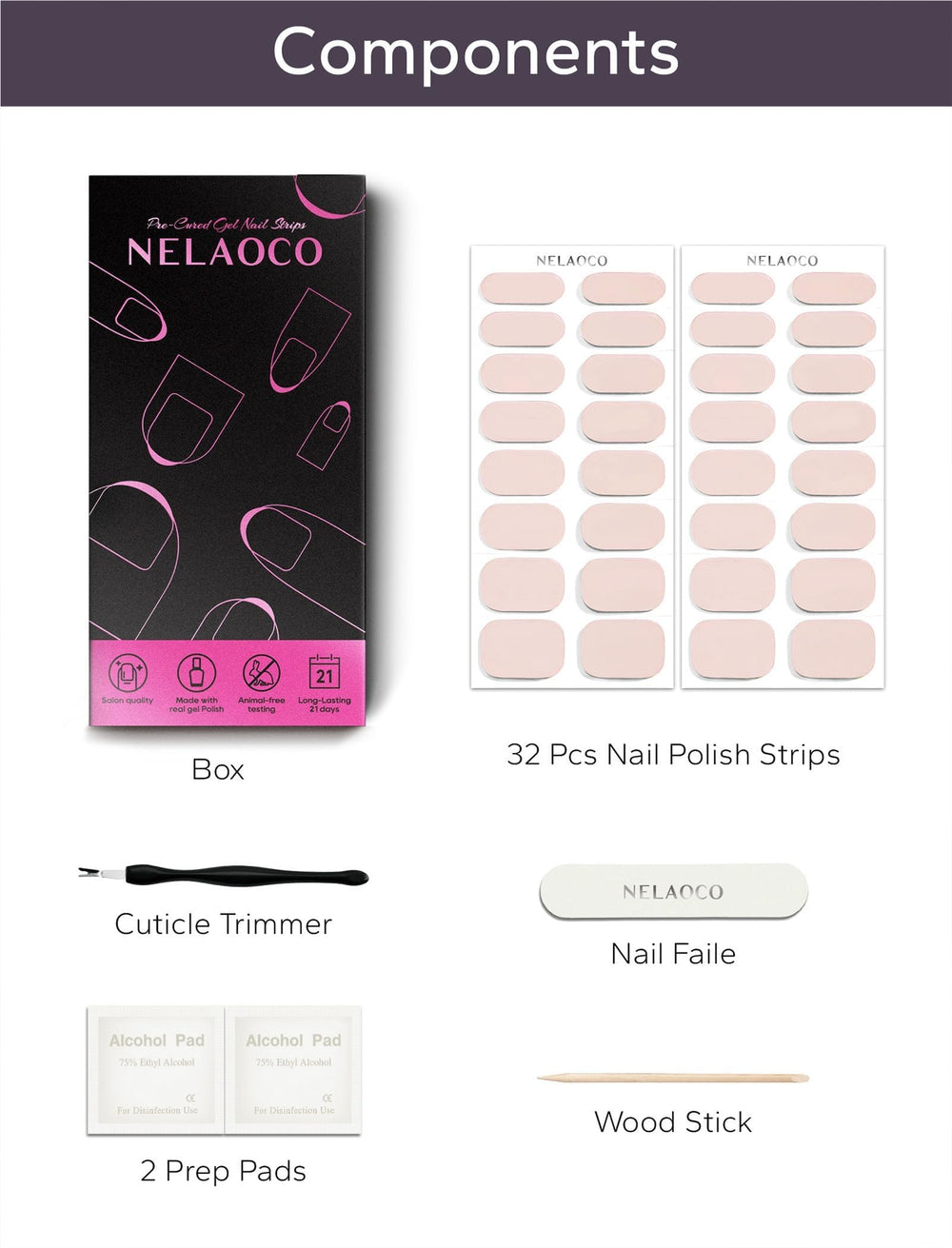 Nelaoco strips beside a ruler showing sizes for accurate nail fit benefit