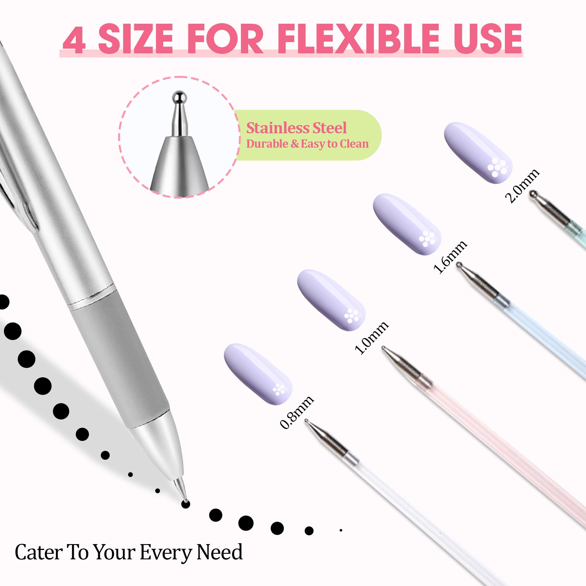 Nelrona close-up of four stainless steel dotting tips for precise dots