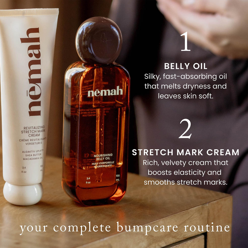 Nemah cream being applied on pregnant belly demonstrating smooth glide and targeted hydration