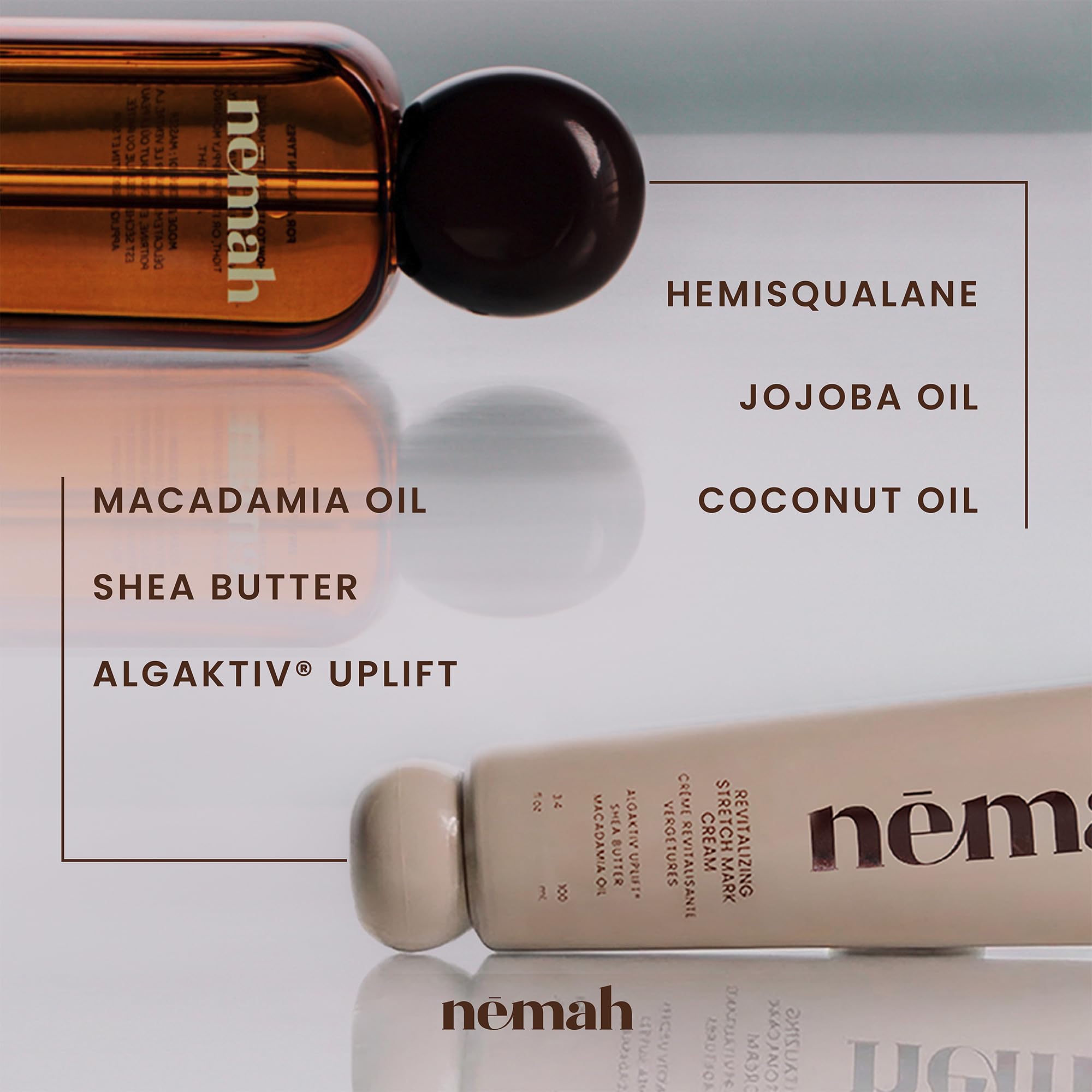 Nemah belly oil pump with droplet highlighting fast-dry hemisqualane blend for nonsticky finish