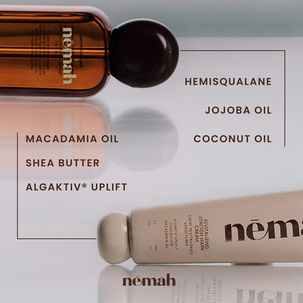 Nemah belly oil pump with droplet highlighting fast-dry hemisqualane blend for nonsticky finish