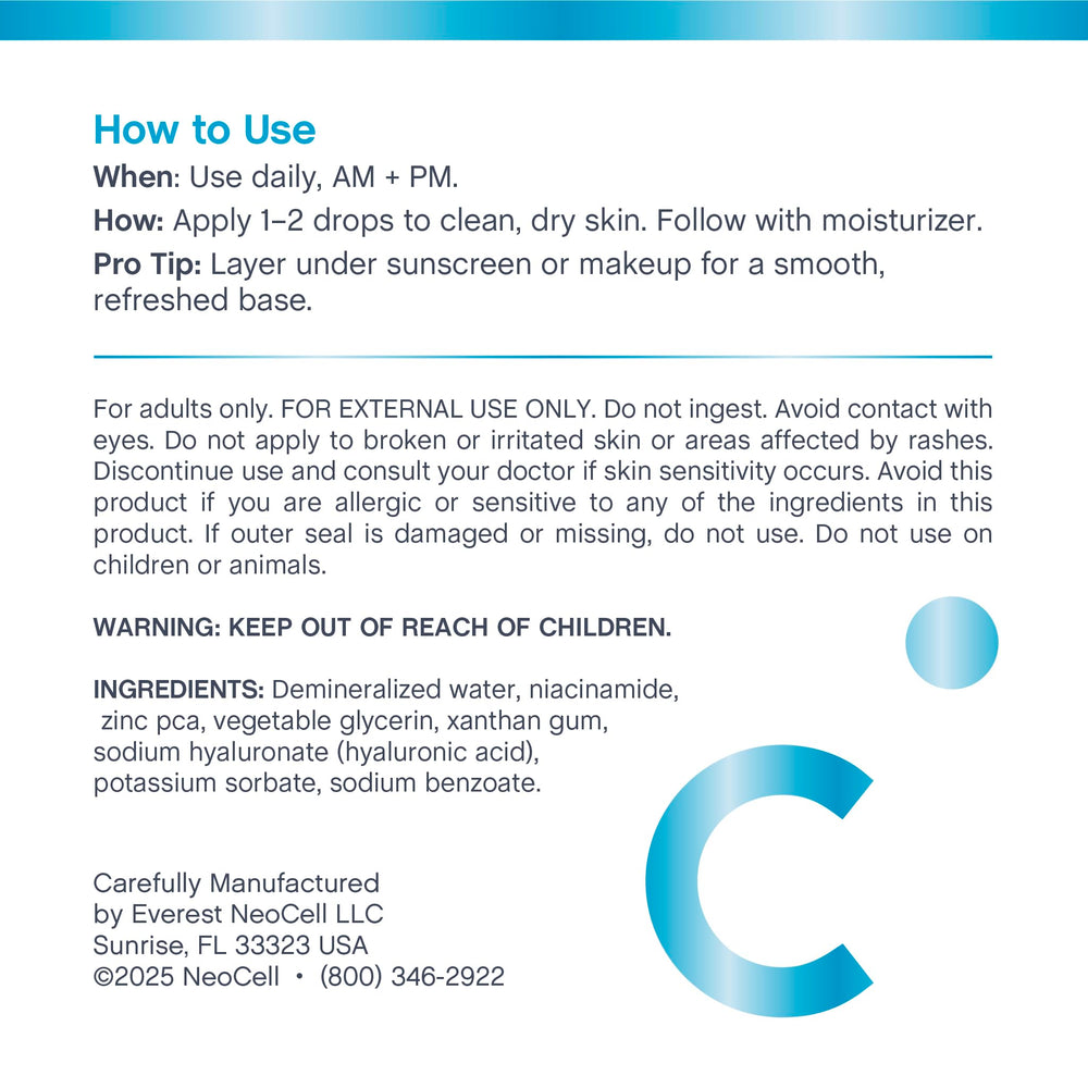 NeoCell ingredients label highlighting niacinamide hyaluronic acid zinc benefits