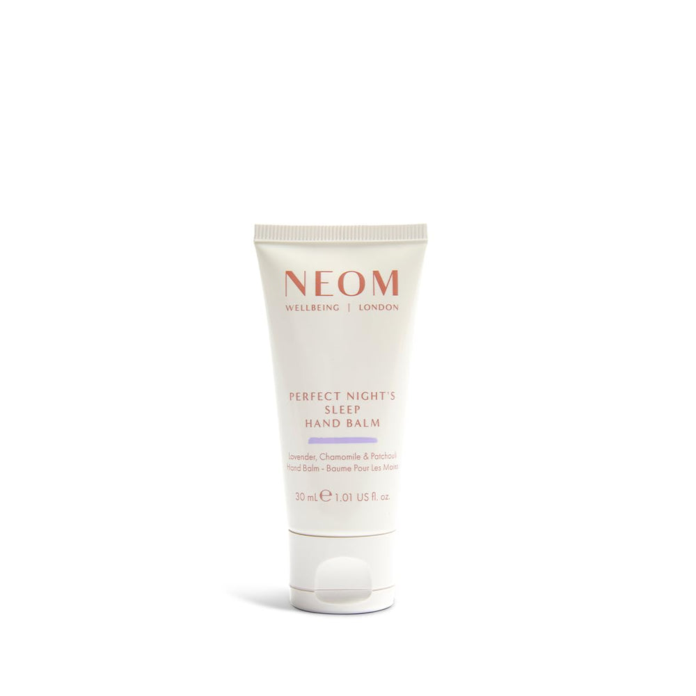 Neom hand balm front view showing tube and calming design benefits skin