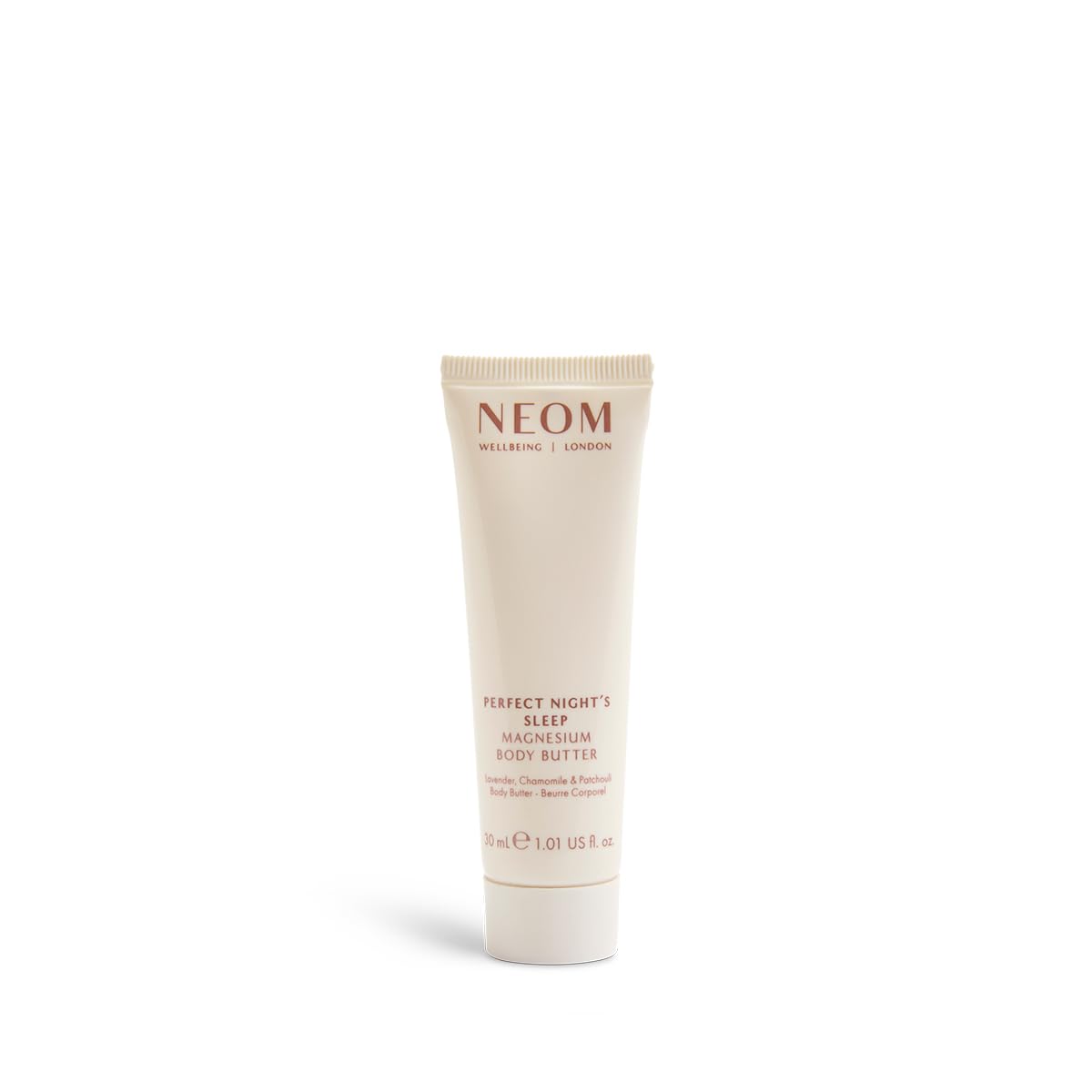 Neom travel-size tube front view showing lavender basil jasmine branding and portability