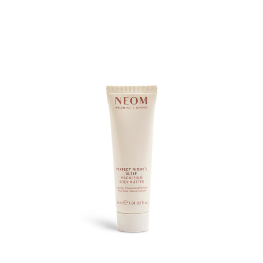 Neom travel-size tube front view showing lavender basil jasmine branding and portability