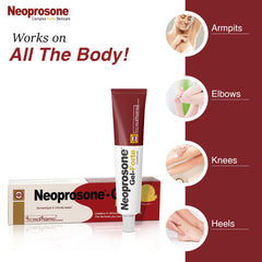 Neoprosone applied to cheek demonstrating spot treatment and even tone benefit