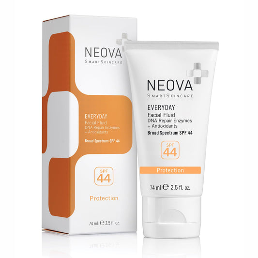 NEOVA front bottle view showing SPF 44 and lightweight protection benefits