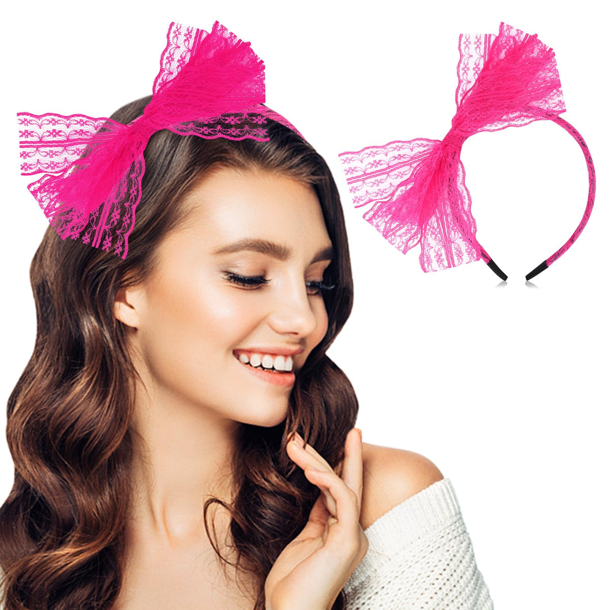 Neptniopllab front view pink headband showing neon bow, adds bold retro style