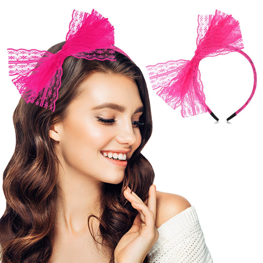 Neptniopllab front view pink headband showing neon bow, adds bold retro style