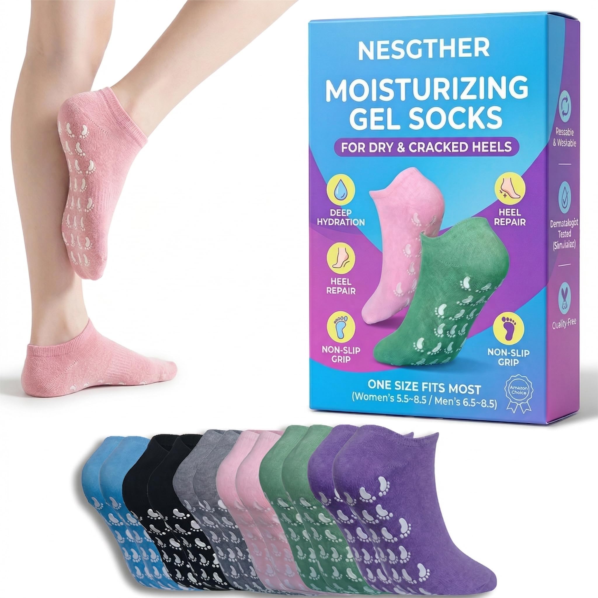 Nesgther front packaging showing three moisturizing socks, clear benefits for hydration