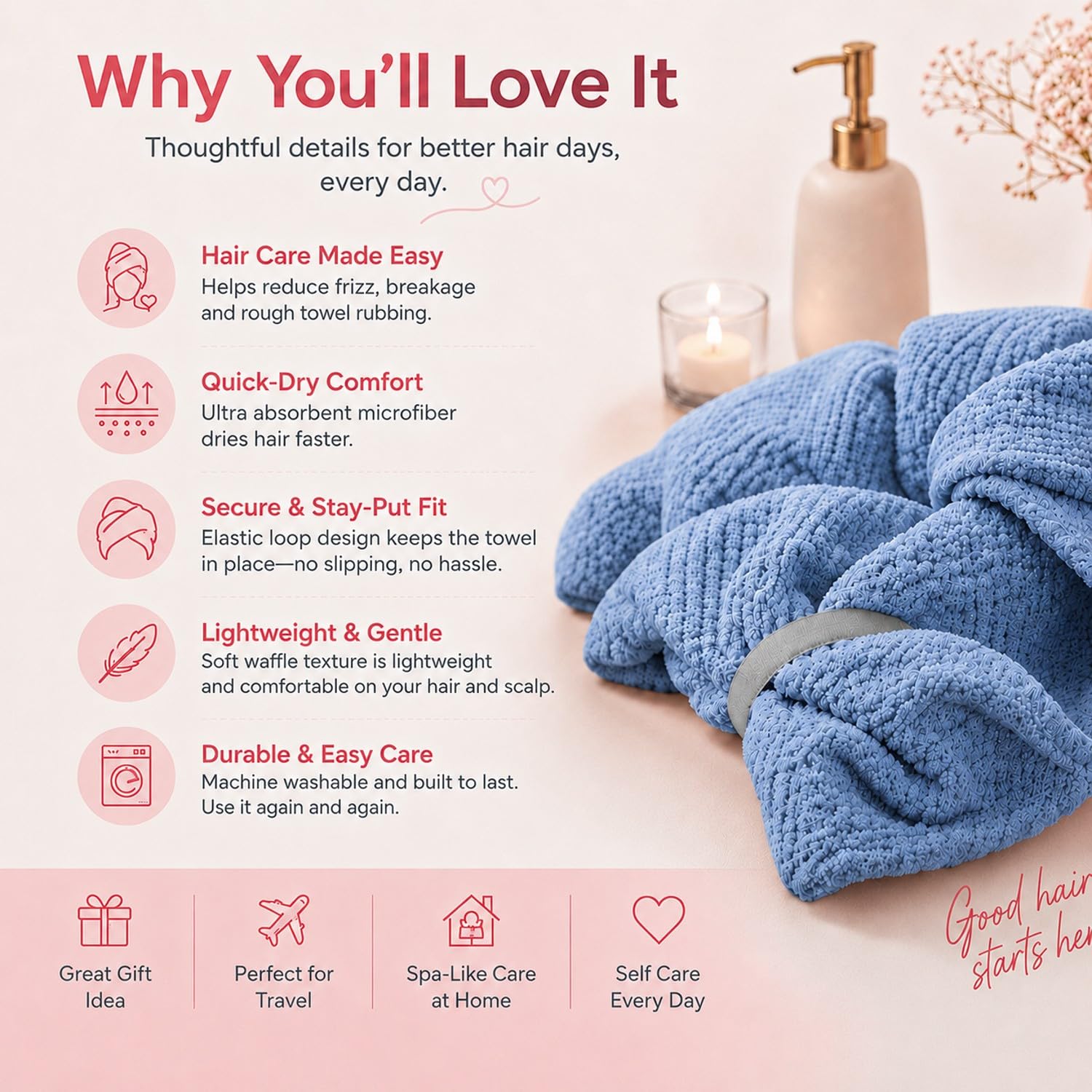 Netcken wrapped on wet hair shows moisture-wicking action for reduced drying time