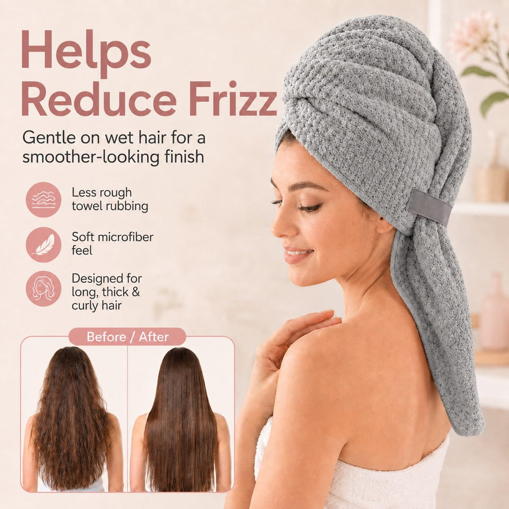 Netcken towel next to ruler showing 24x42 size for long hair