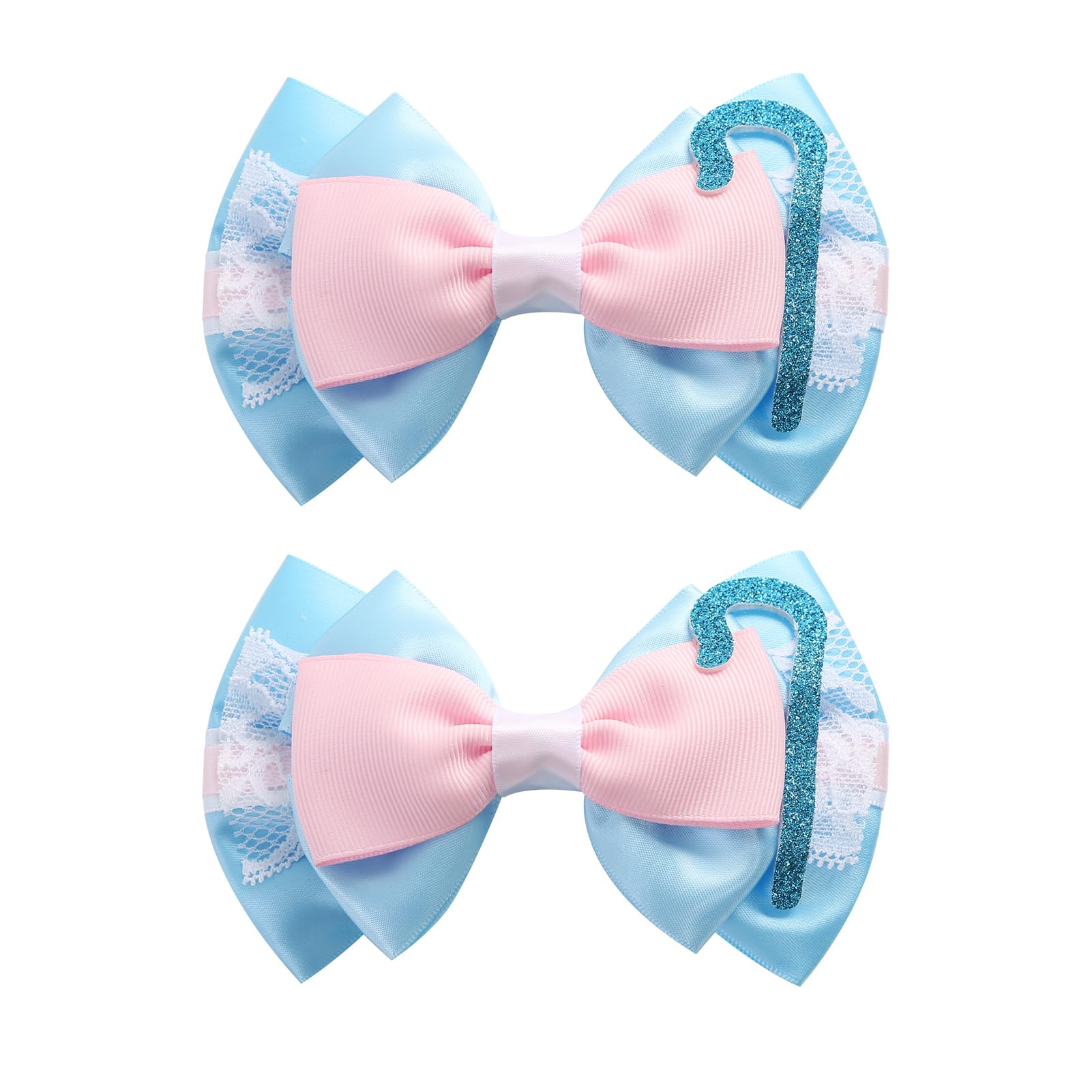 Neujiwo front view of two cartoon bow clips showing colors and glitter benefit styling