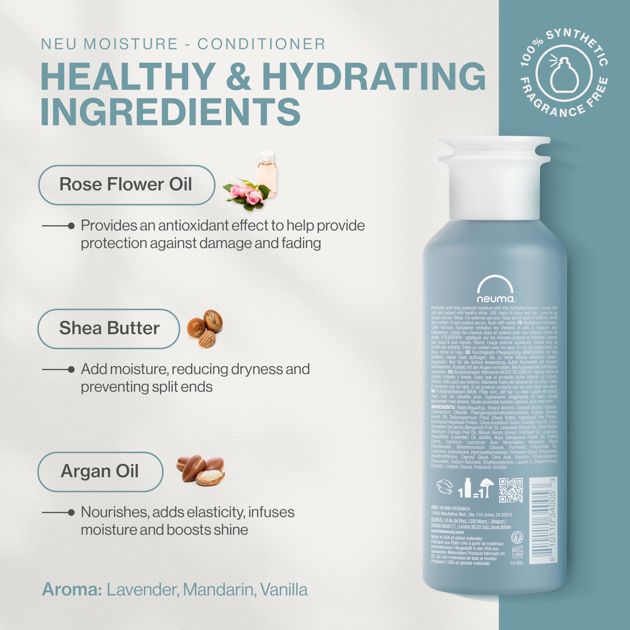NEUMA pump and label detail highlighting clean-ingredient benefits