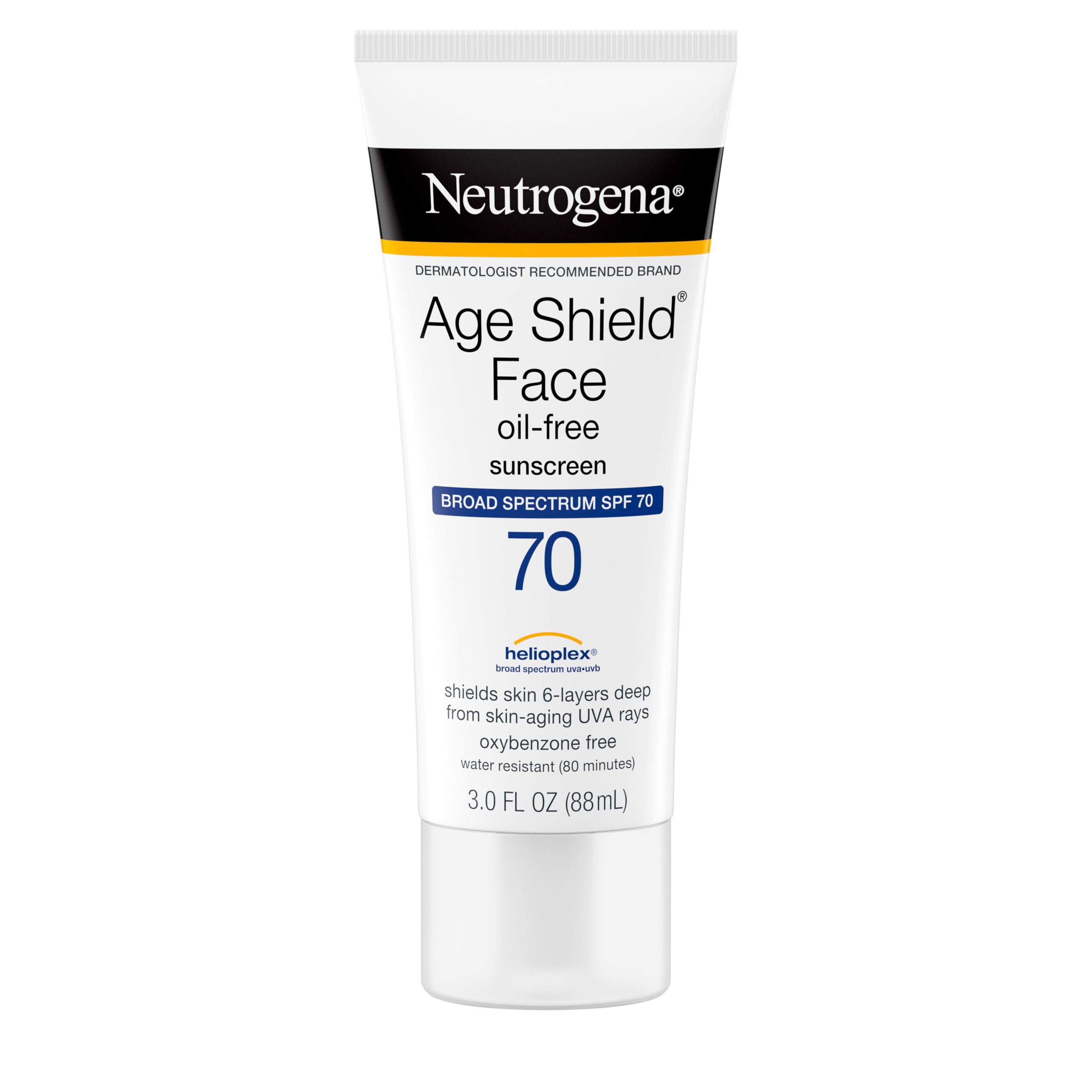 Neutrogena Age Shield front tube showing SPF 70 protection and compact size