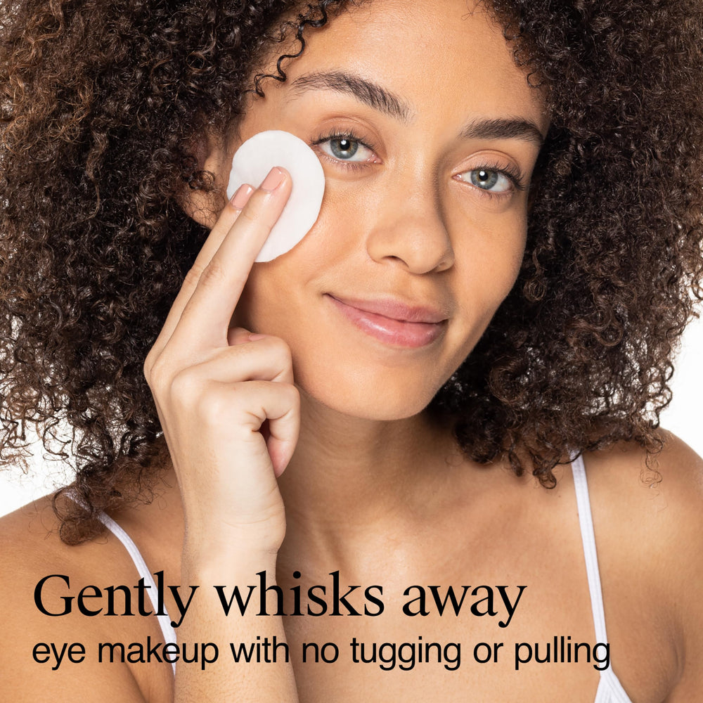 Neutrogena applied with cotton pad on closed eyelid, clear benefit gentle removal