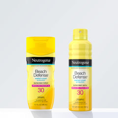 Neutrogena family on beach using spray showing easy application for activities