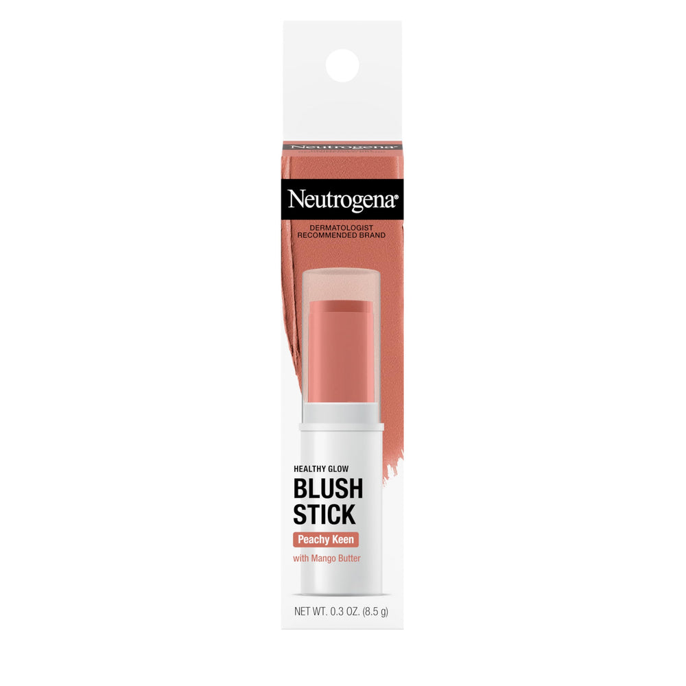 Neutrogena blush stick front packaging showing shade Peachy Keen and benefits