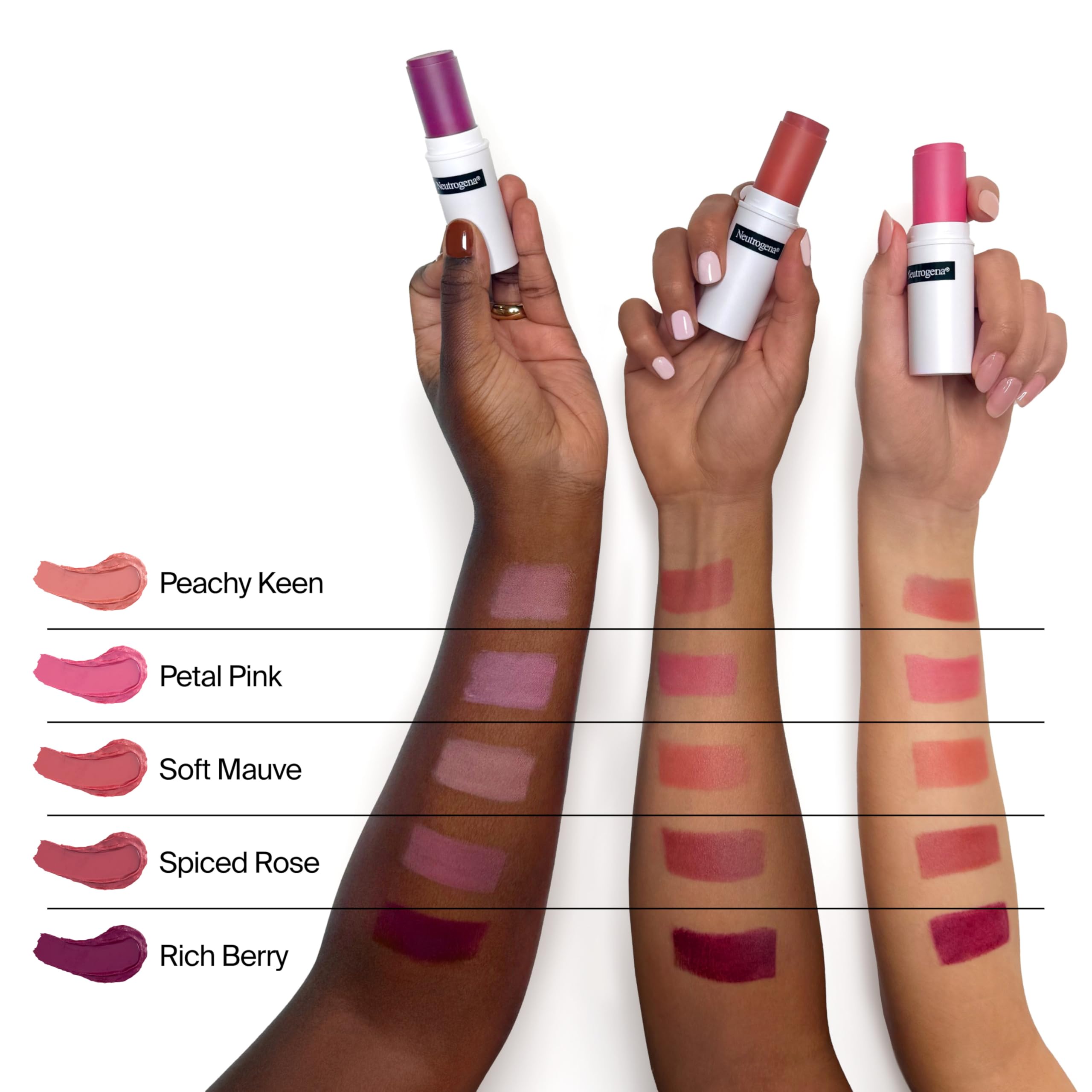 Neutrogena blush stick swatches on arm displaying buildable peachy color