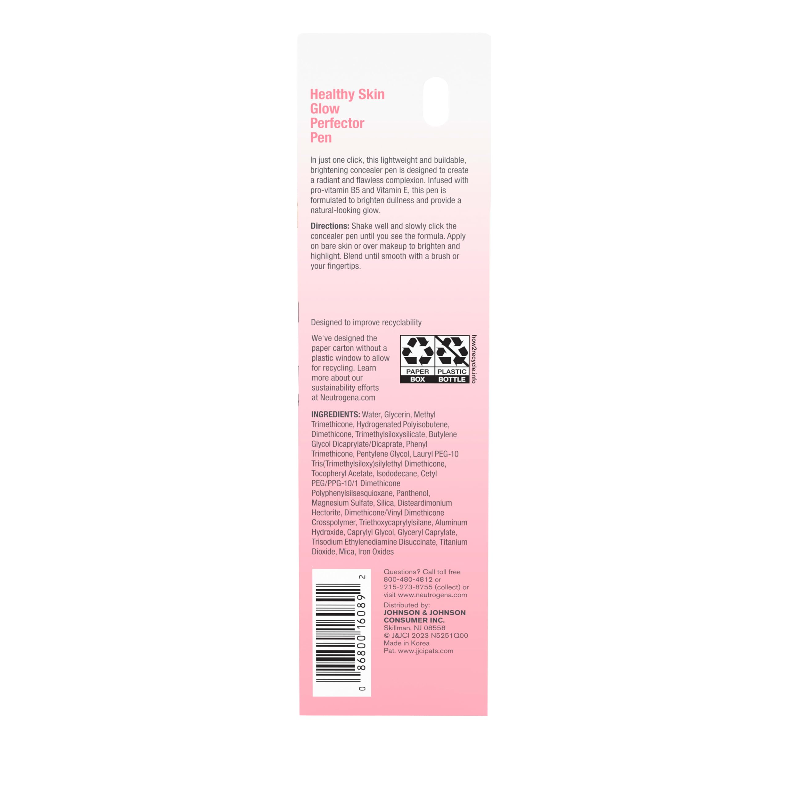 Neutrogena concealer pen ingredients label close-up highlighting Pro-Vitamin B5 and Vitamin E benefits