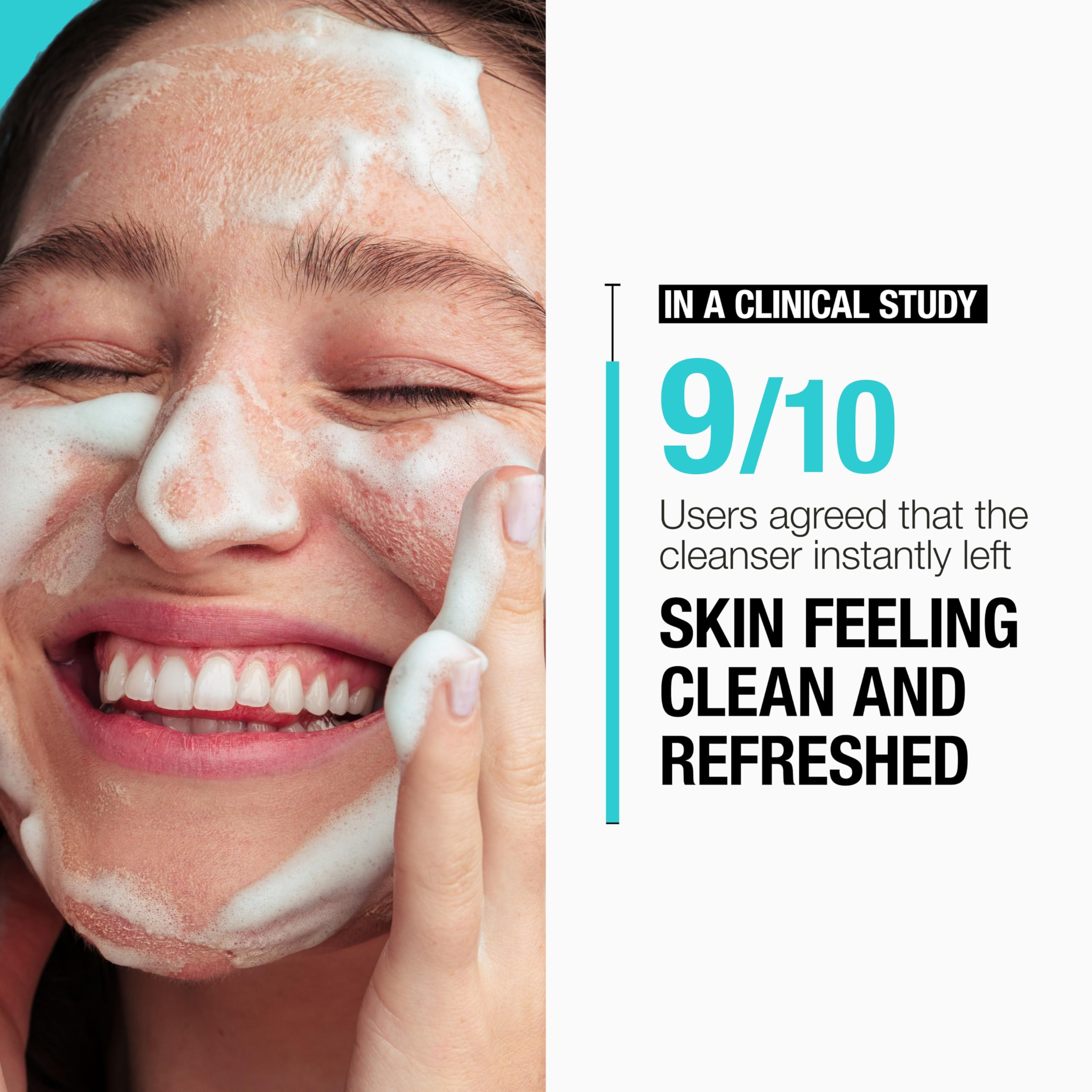 Neutrogena foam on hand illustrating rich lather that removes oil and makeup effectively